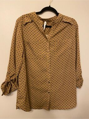 NY Collection Tan Polka Dot Button-Down Blouse with Black Dots